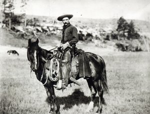 Cowboy die een paard berijdt in Montana, VS, ca. 1880